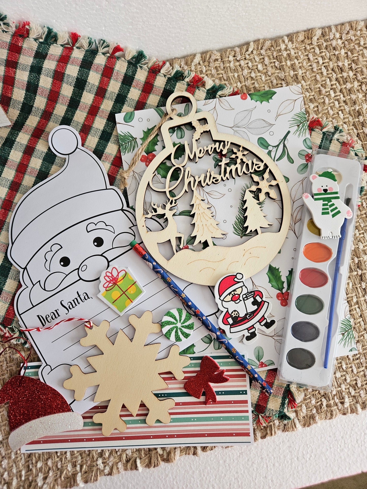 DIY Christmas Gift Set: Wooden Ornaments, Paints, Stickers, and Santa Letter