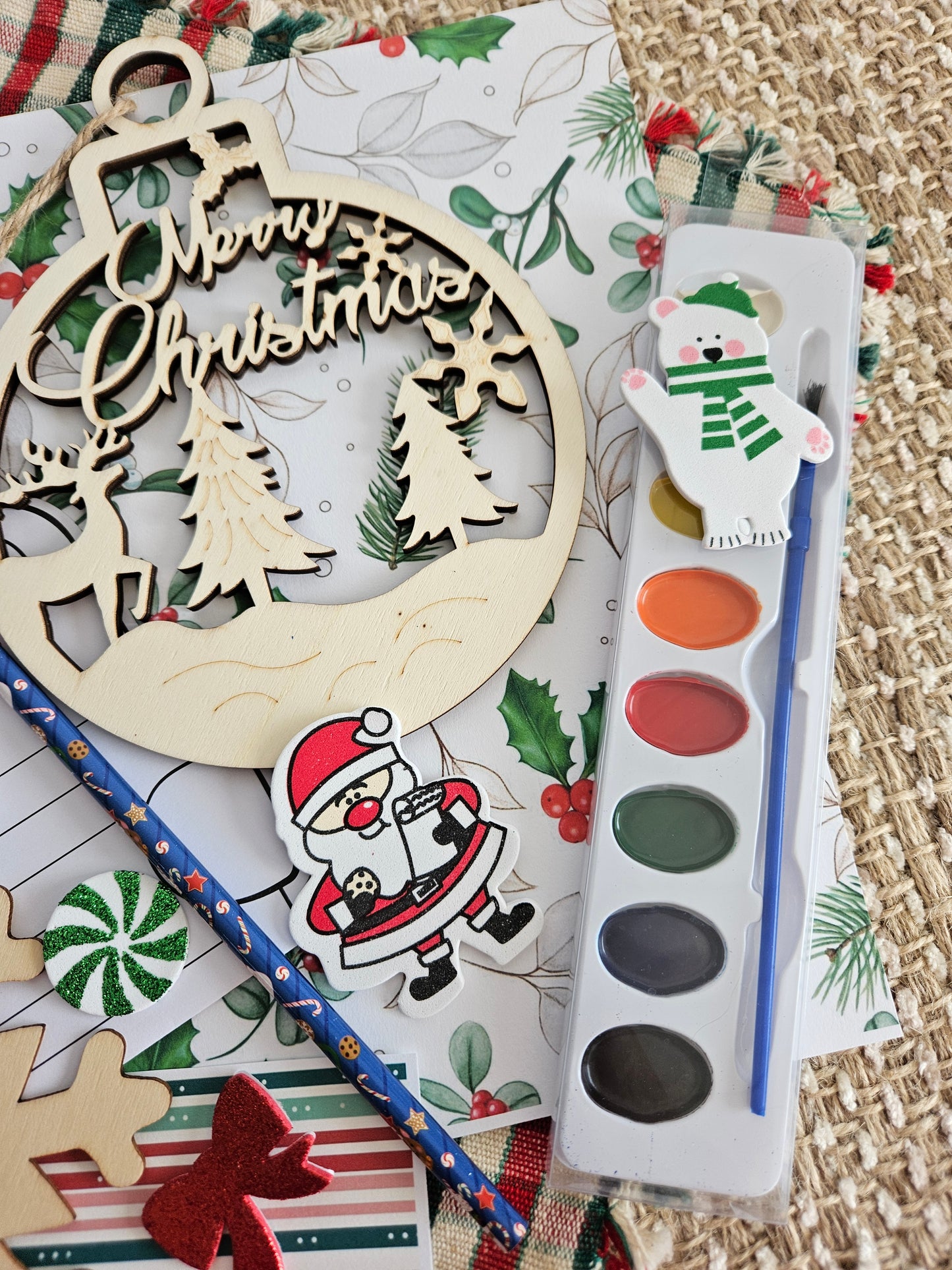 DIY Christmas Gift Set: Wooden Ornaments, Paints, Stickers, and Santa Letter