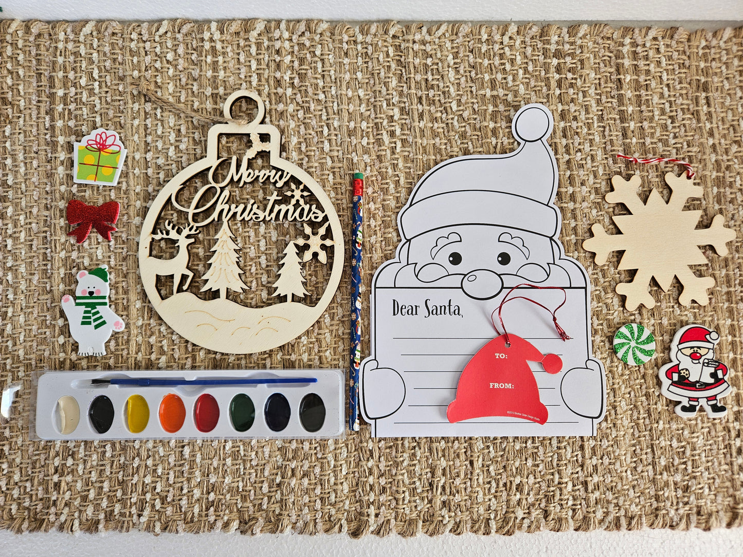 DIY Christmas Gift Set: Wooden Ornaments, Paints, Stickers, and Santa Letter