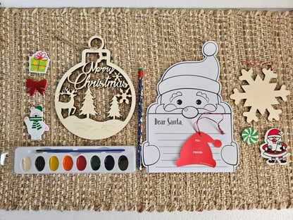 DIY Christmas Gift Set: Wooden Ornaments, Paints, Stickers, and Santa Letter