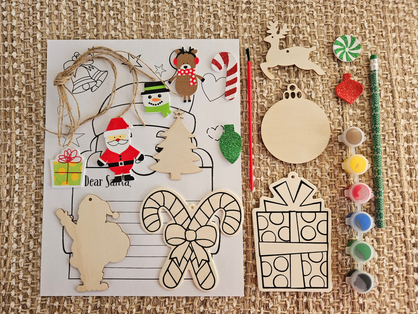 DIY Christmas Gift Set: Wooden Ornaments, Paints, Stickers, and Santa Letter