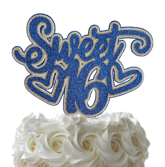 Blue Sweet 16 Cake Topper, w Glitter Layers - Elegant Birthday Table Party Decoration