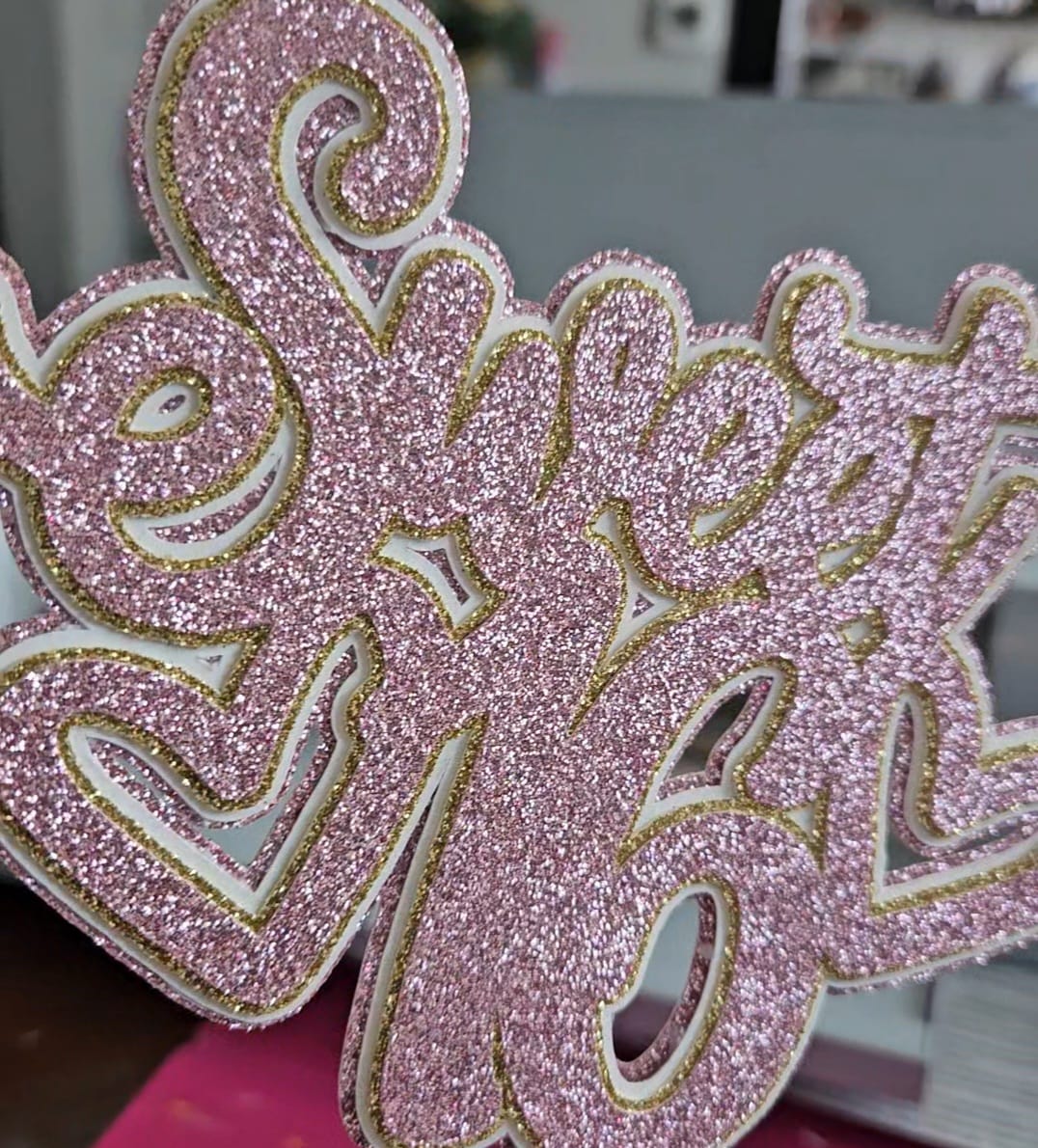 Light Pink Sweet 16 Cake Topper, w Glitter Layers - Elegant Birthday Table Party Decoration