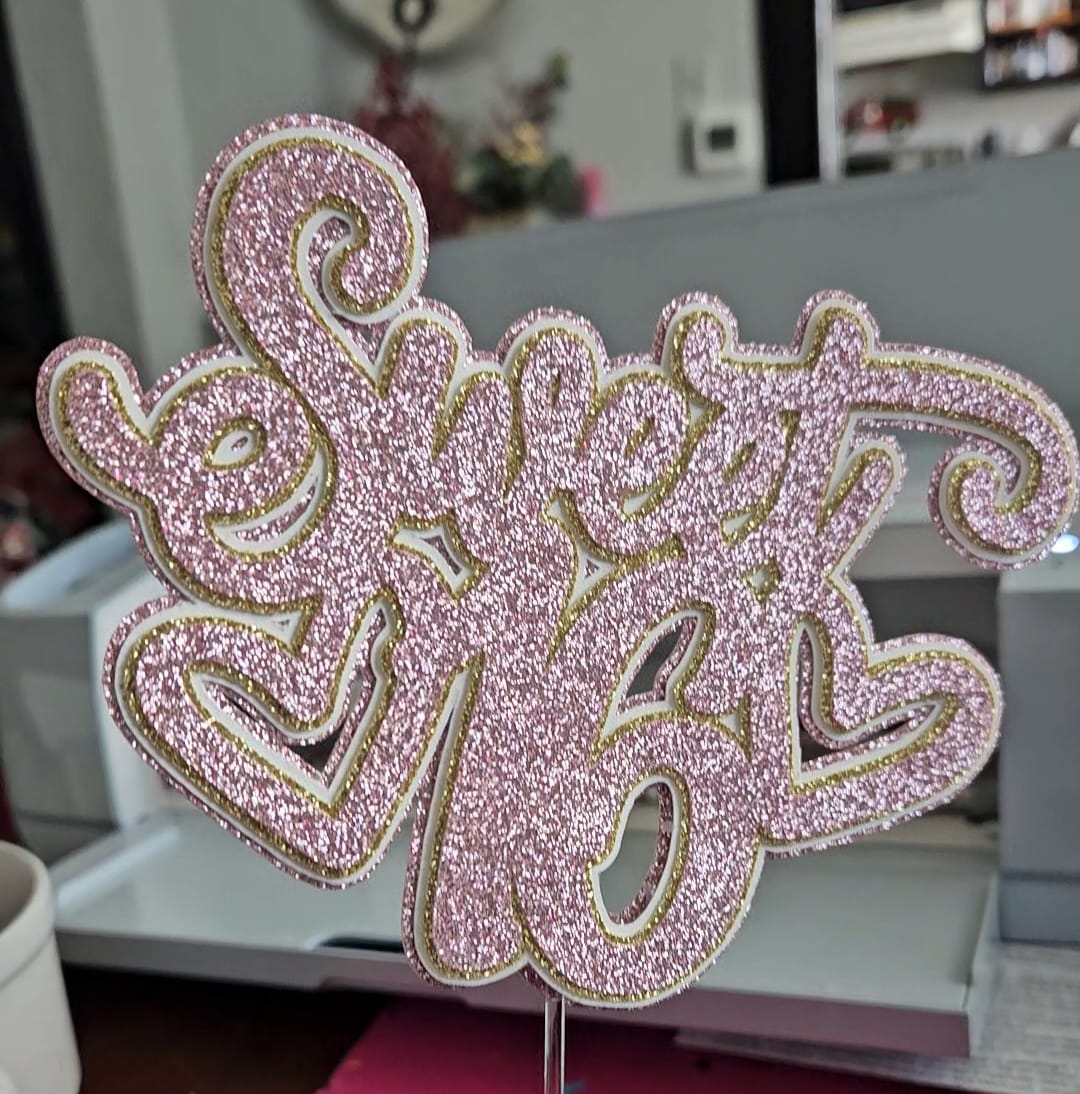 Light Pink Sweet 16 Cake Topper, w Glitter Layers - Elegant Birthday Table Party Decoration