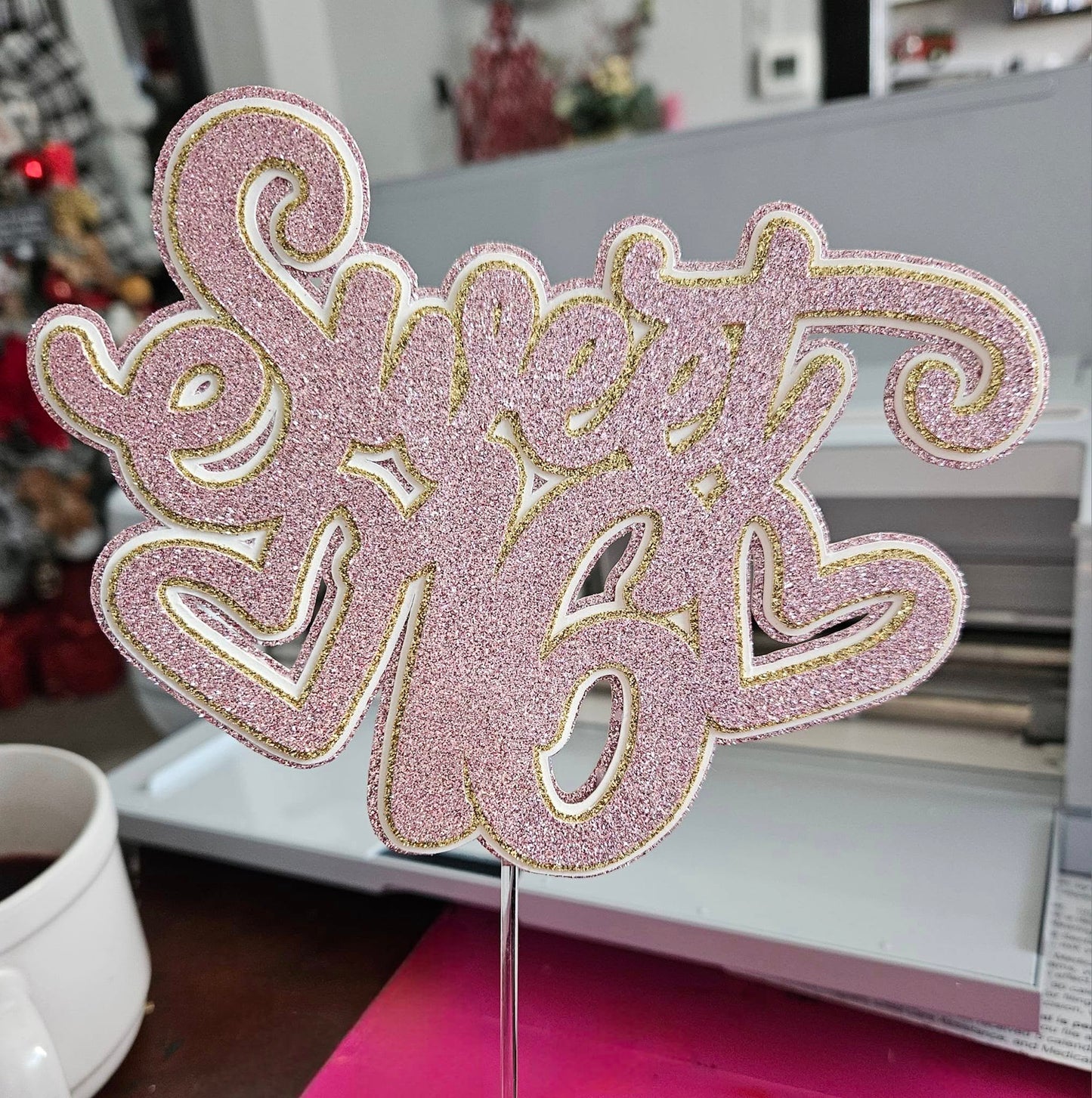 Light Pink Sweet 16 Cake Topper, w Glitter Layers - Elegant Birthday Table Party Decoration