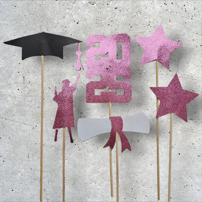 Set of 6 Graduation 2025 Custom Toppers with Glitter to use on Centerpieces – Personalized Decorations for Graduation Parties