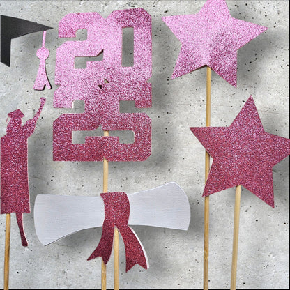 Set of 6 Graduation 2025 Custom Toppers with Glitter to use on Centerpieces – Personalized Decorations for Graduation Parties