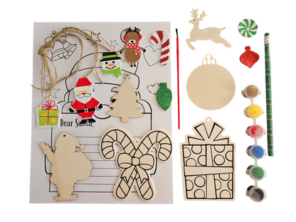 DIY Christmas Gift Set: Wooden Ornaments, Paints, Stickers, and Santa Letter