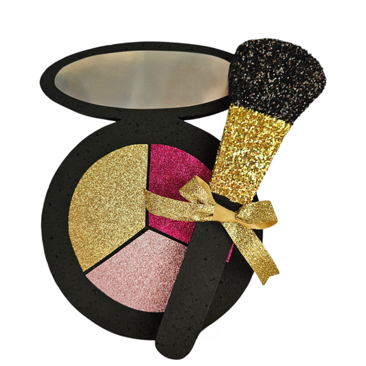 Elegant Custom Styrofoam Eyeshadow and brush handmade Cutout with Glitter Ribbon – Perfect for Glam Parties & Events quinceañera 40 and fabulous