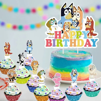 25Pcs Bluey Cake Decoration Set Cartoon Bingo Cupcake Top Happy Birthday for Kids Birthday Party Cake Dessert Decorations