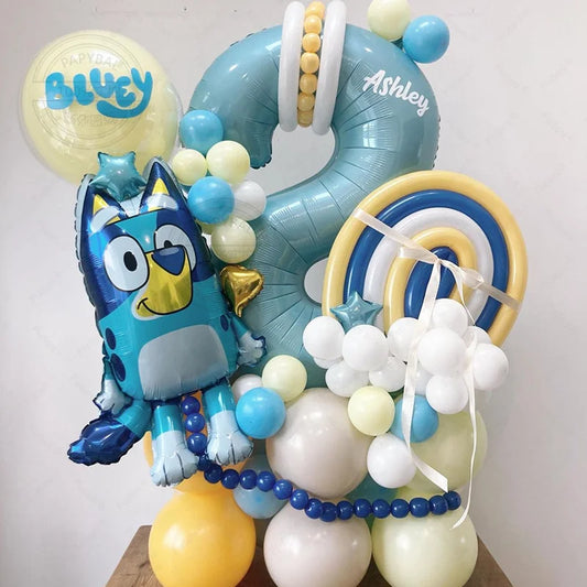 52pcs Cartoon Animation Blue Dog Aluminum Film Balloon 40inch Blue Number Balloons Cartoon Bluey Theme Birthday Party Decoration