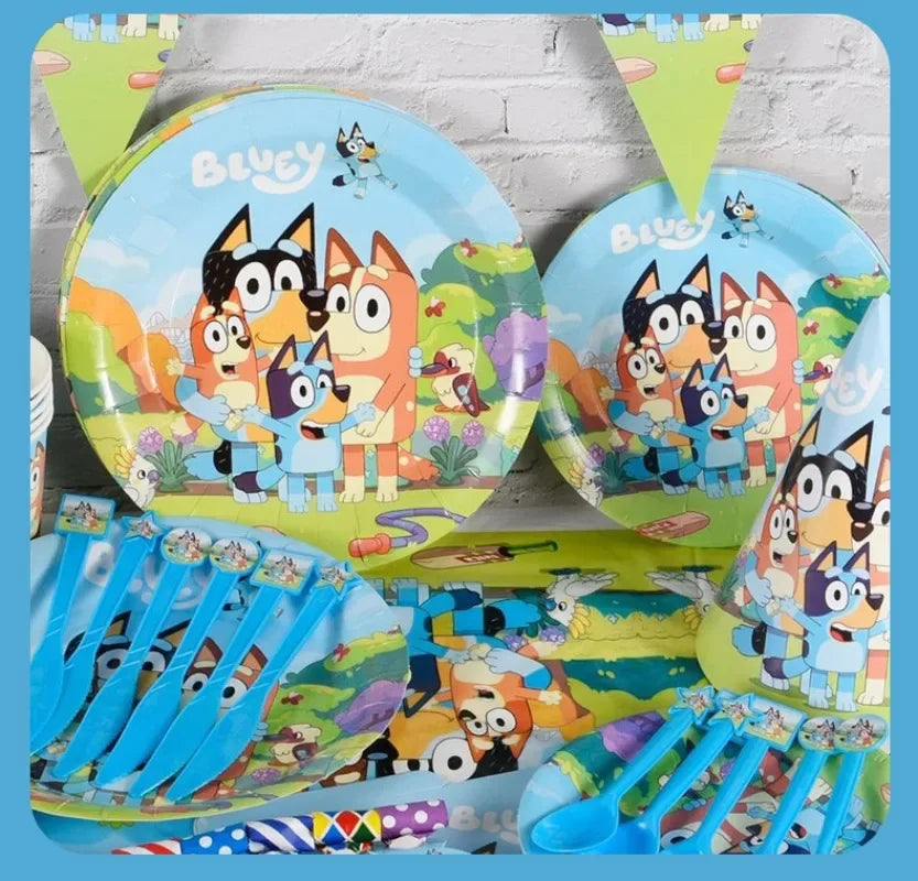 Bluey Dog Theme Birthday Party Supply Disposable Banner Paper Plate  Paper Cup Tissue Hanging Flag Set Birthday Decorations