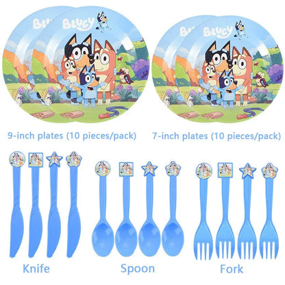 Cartoon Bluey Theme Birthday Party Banquet Supplies Paper Plate Tablecloth Flag Knife Fork Spoon Banner Set Kids Birthday Party