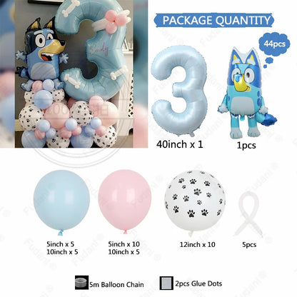 44PCS Cartoon Animation Bluey Aluminum Film Balloon Set with Cream Number Foil Balloon for Kids Birthday Party Decorations