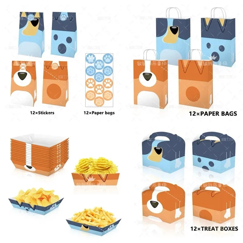 Bluey Family Theme Party Tote Bag Candy Box Gift Box Sticker Folding Paper Bag Snack Tray Popcorn Chip Box Paper Box Tableware