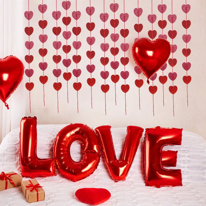 3pcs Red Heart Banner Garland Romantic Valentines Day Decoration Wedding Anniversary Birthday Party Hanging Banner Bunting