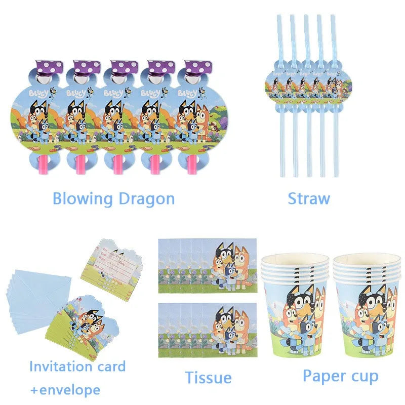 Cartoon Bluey Theme Birthday Party Banquet Supplies Paper Plate Tablecloth Flag Knife Fork Spoon Banner Set Kids Birthday Party