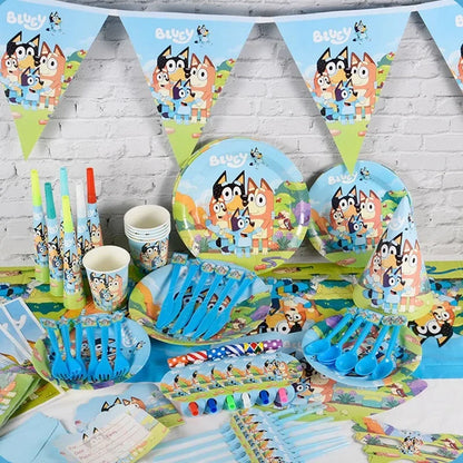 Bluey Dog Theme Birthday Party Supply Disposable Banner Paper Plate  Paper Cup Tissue Hanging Flag Set Birthday Decorations