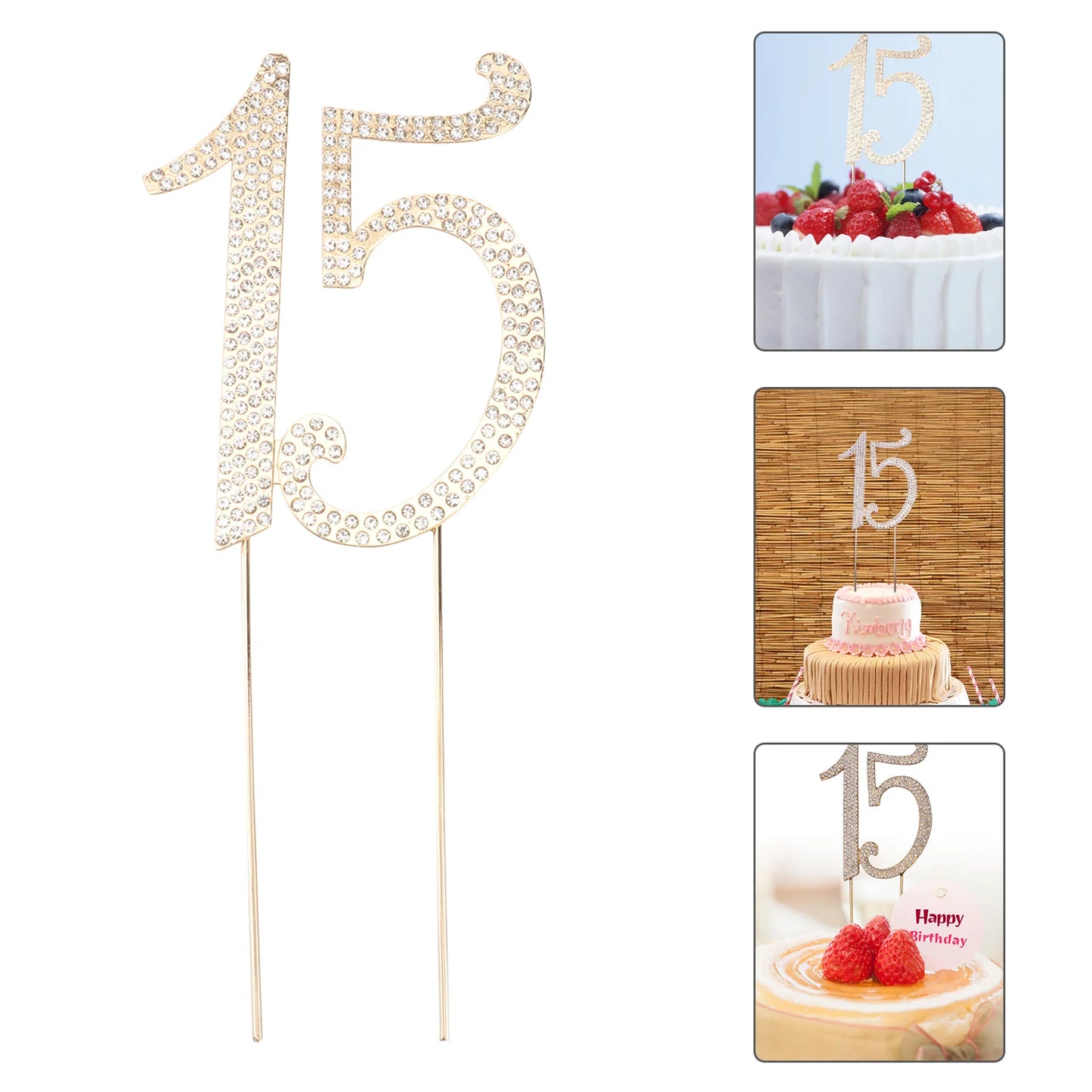 15 Cake 15th Birthday Decorations for Girls Topperr Number Quinceanera Rhinestones Gold Anniversary Large