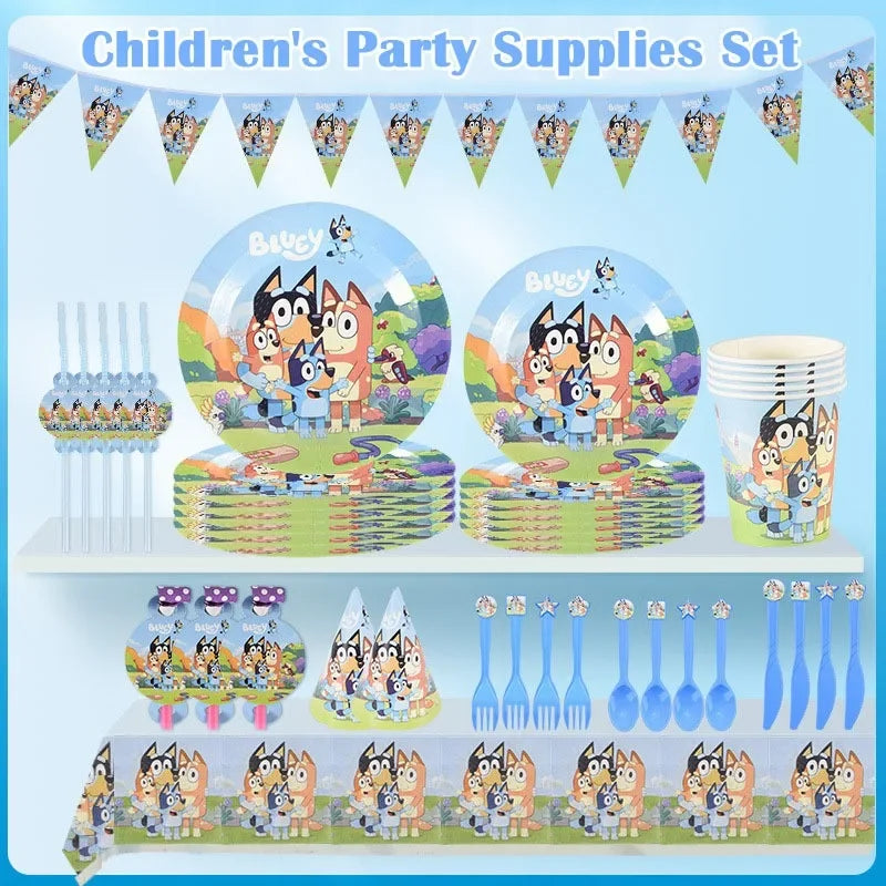 Bluey Dog Theme Birthday Party Supply Disposable Banner Paper Plate  Paper Cup Tissue Hanging Flag Set Birthday Decorations