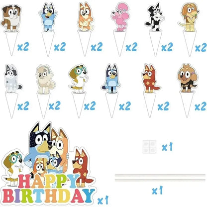 25Pcs Bluey Cake Decoration Set Cartoon Bingo Cupcake Top Happy Birthday for Kids Birthday Party Cake Dessert Decorations