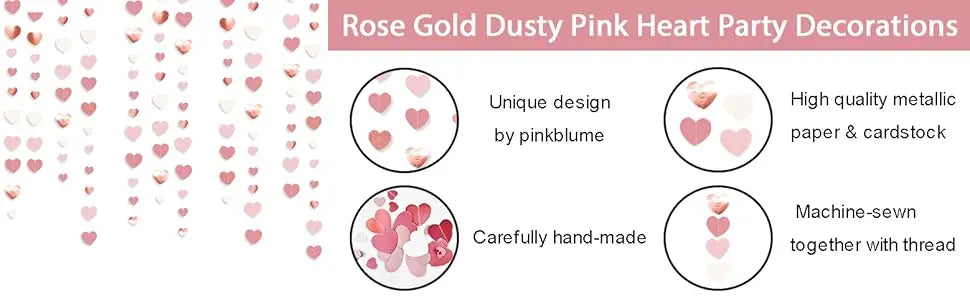 Rose Gold Party Decorations Dusty Pink Heart Garlands Paper Love Streamer for Valentines Day Anniversary Wedding Party Supplies