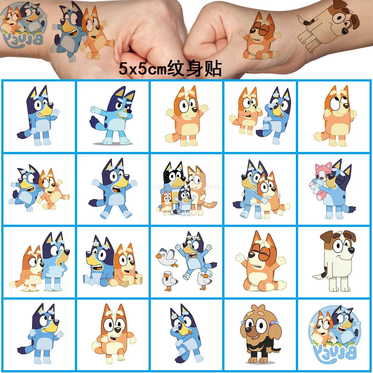 100/200pcs Bluey Tattoo Sticker Anime Cute Bingo Blue Dog Cartoon Tattoo Sticker Water Transfer Children's Birthday Party Gift