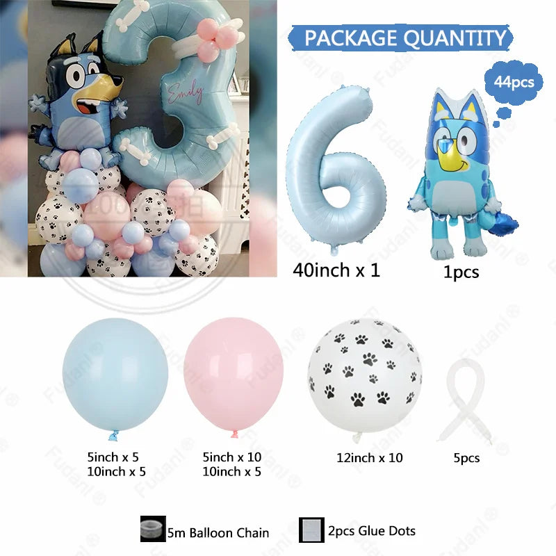 44PCS Cartoon Animation Bluey Aluminum Film Balloon Set with Cream Number Foil Balloon for Kids Birthday Party Decorations