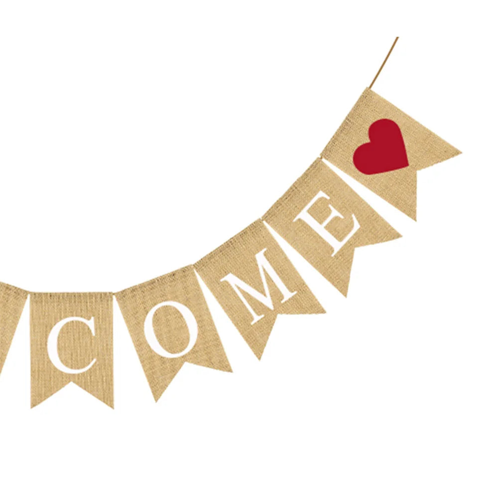 WELCOME Letter Printing Flag Wedding Party Decorative Props Burlap Banner Swallowtail Garland Heart Design Bunting Linen Wedding Valentines