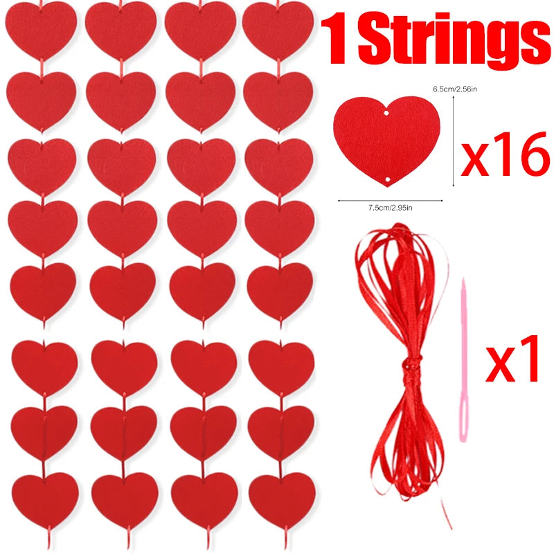 Red Heart Tassel Garlands Wedding Birthday Party Banner Hanging  String Felt Non-woven Fabric Love New Year Decoration Pendant Valentines