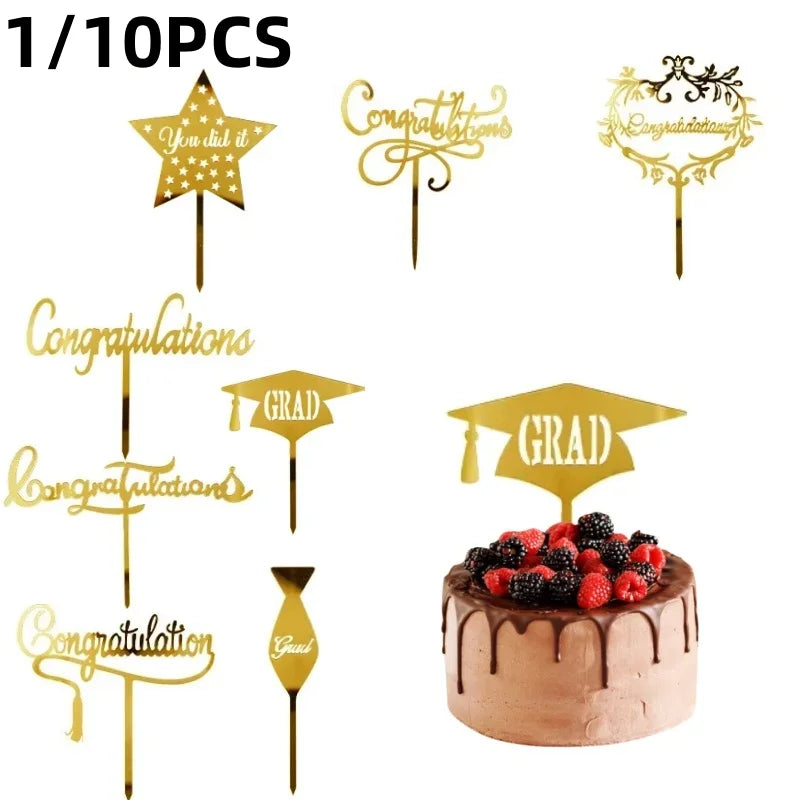 1/10pcs Gold Congratulations You Did It Grad Cake Topper Graduation Celebration  Decoration Party Supplies Baking Accessories