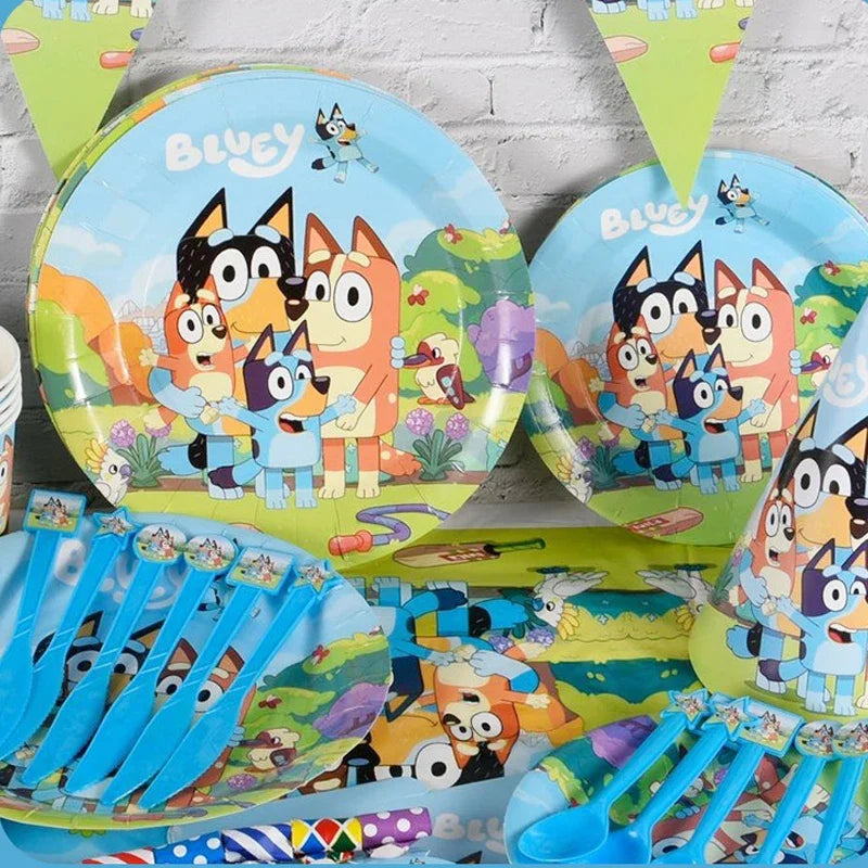 Bluey Dog Theme Birthday Party Supply Disposable Banner Paper Plate  Paper Cup Tissue Hanging Flag Set Birthday Decorations