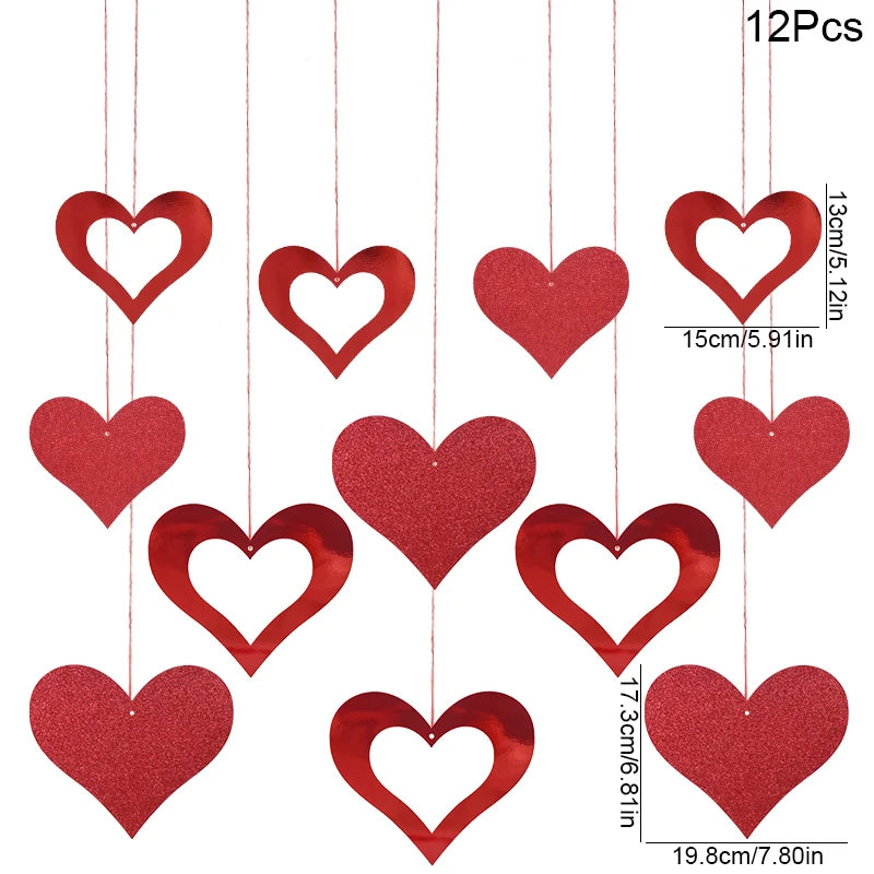 12pcs Red Love Heart Spirals Valentine's Day Hanging Garland Swirl Ornaments Wedding Anniversary Decoration Birthday Party Props