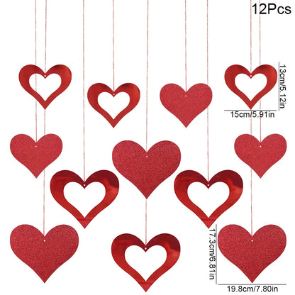 12pcs Red Love Heart Spirals Valentine's Day Hanging Garland Swirl Ornaments Wedding Anniversary Decoration Birthday Party Props