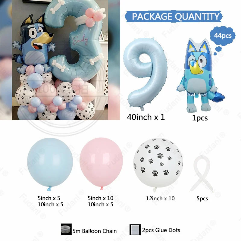 44PCS Cartoon Animation Bluey Aluminum Film Balloon Set with Cream Number Foil Balloon for Kids Birthday Party Decorations