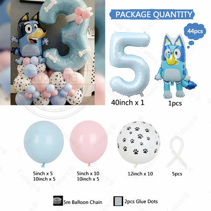 44PCS Cartoon Animation Bluey Aluminum Film Balloon Set with Cream Number Foil Balloon for Kids Birthday Party Decorations