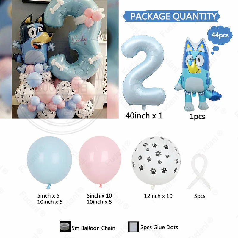 44PCS Cartoon Animation Bluey Aluminum Film Balloon Set with Cream Number Foil Balloon for Kids Birthday Party Decorations