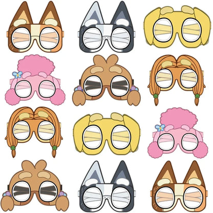 12Pcs/Set Bluey Theme Mask Birthday Party Paper Glasses Mask Photo Props Children'S Party Cool Decorations Supplies Kids Toys