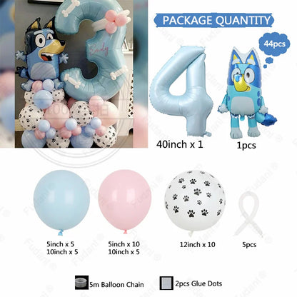 44PCS Cartoon Animation Bluey Aluminum Film Balloon Set with Cream Number Foil Balloon for Kids Birthday Party Decorations