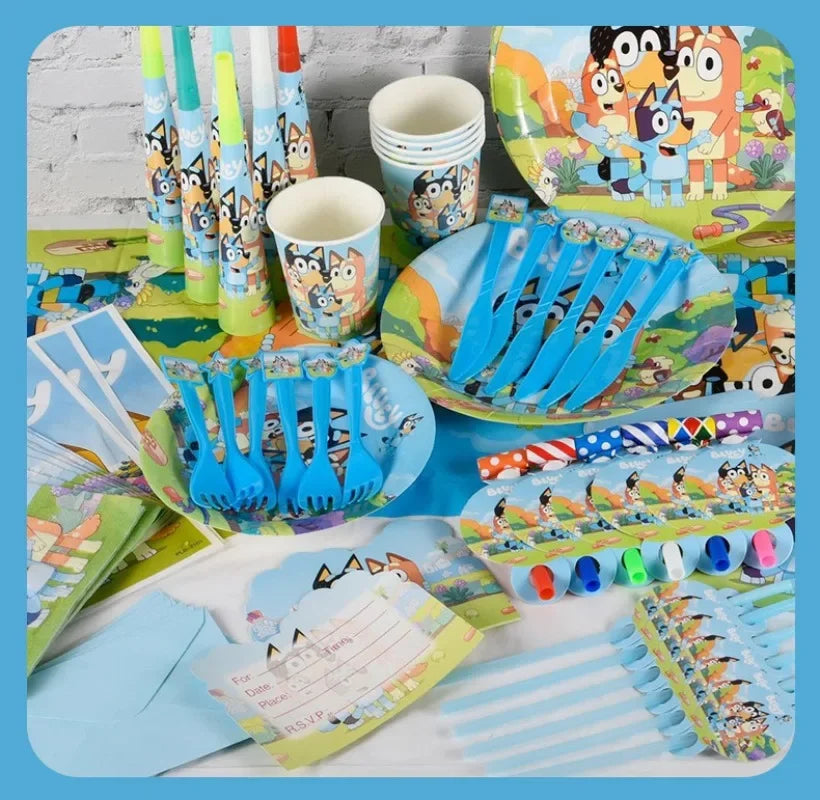 Bluey Dog Theme Birthday Party Supply Disposable Banner Paper Plate  Paper Cup Tissue Hanging Flag Set Birthday Decorations