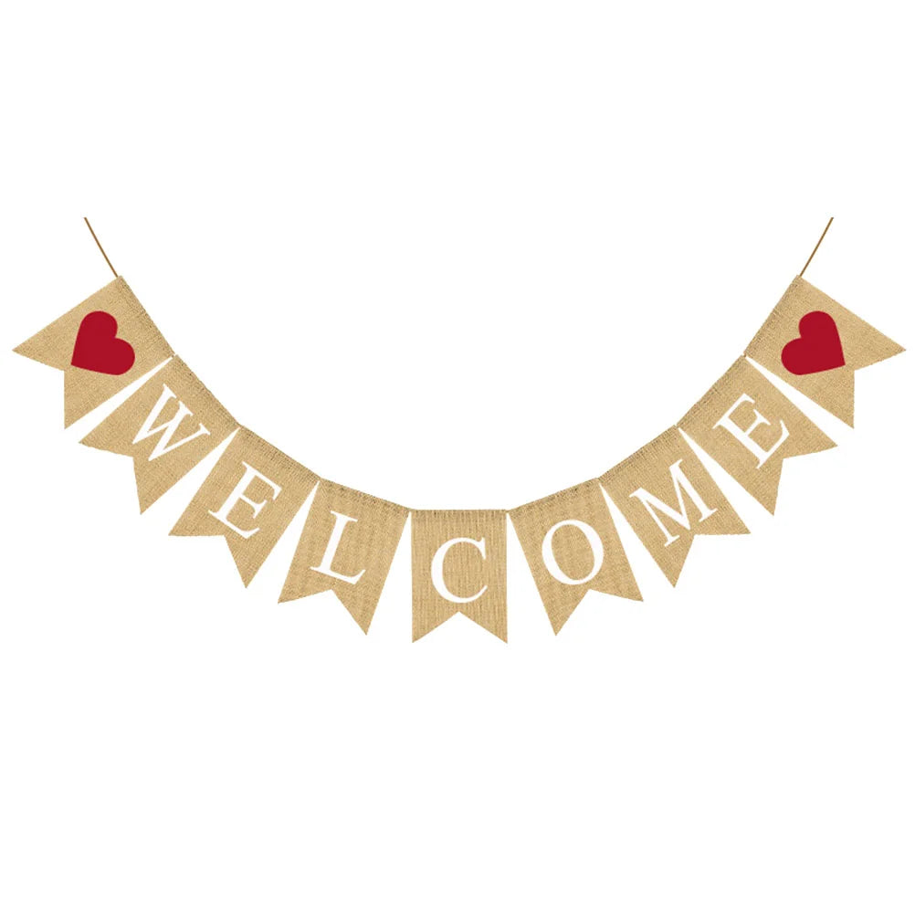 WELCOME Letter Printing Flag Wedding Party Decorative Props Burlap Banner Swallowtail Garland Heart Design Bunting Linen Wedding Valentines