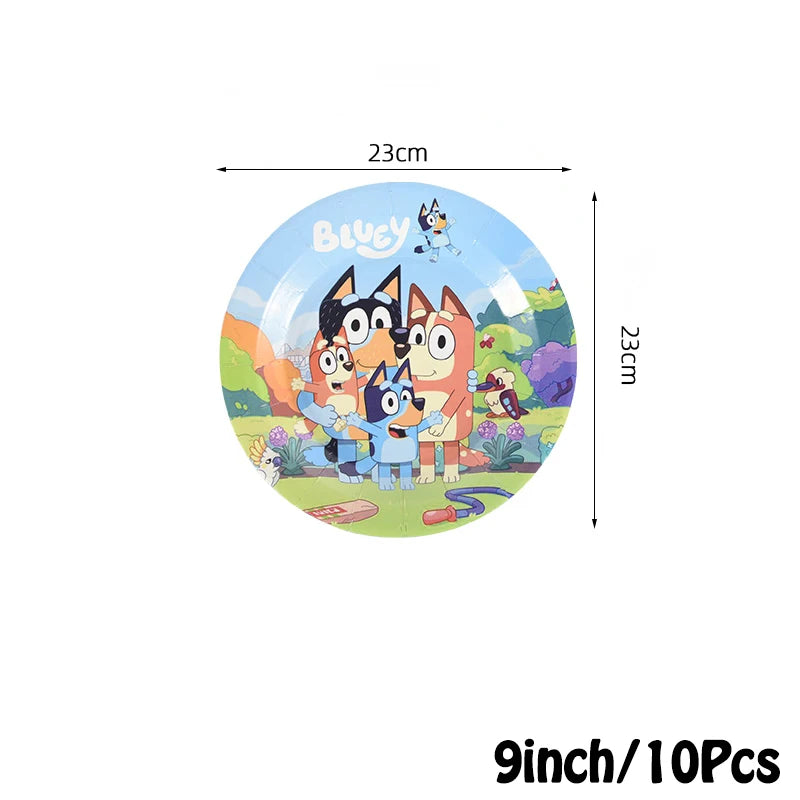 Cartoon Bluey Theme Birthday Party Banquet Supplies Paper Plate Tablecloth Flag Knife Fork Spoon Banner Set Kids Birthday Party