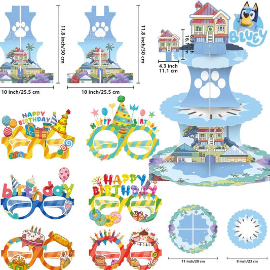 Cartoon Cute Bluey Birthday Party Cake Stand Dessert Table 3-Layer Paper Cake Tower Party Decoration Supplies Gifts