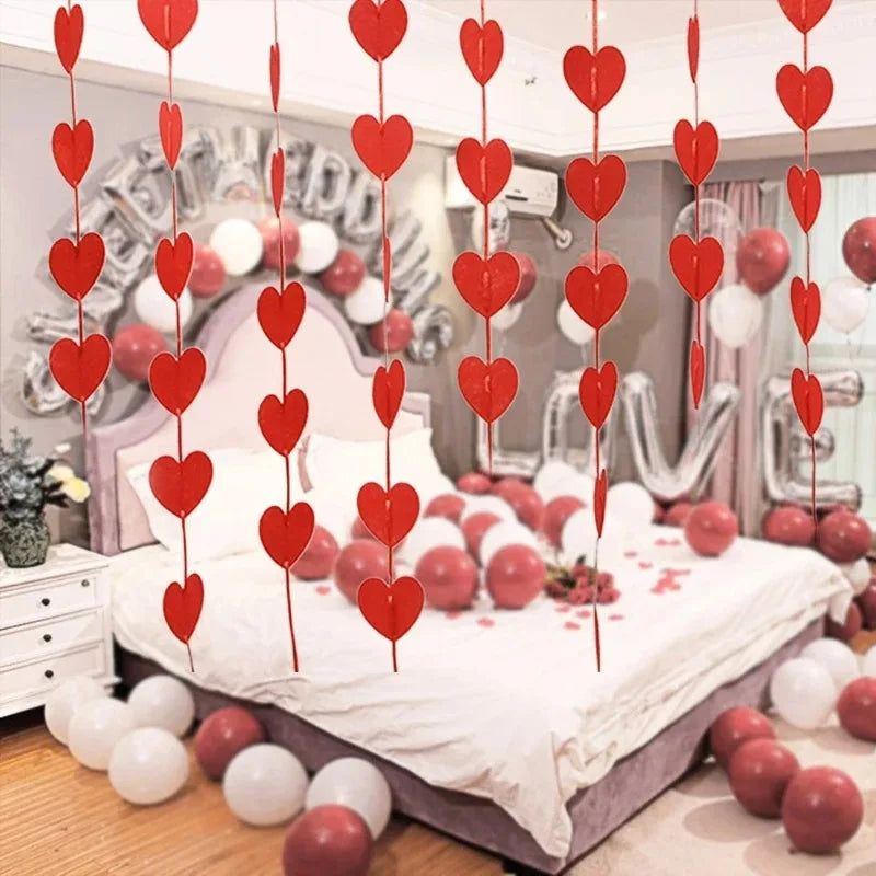 Red Heart Tassel Garlands Wedding Birthday Party Banner Hanging  String Felt Non-woven Fabric Love New Year Decoration Pendant Valentines