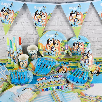 Cartoon Bluey Theme Birthday Party Banquet Supplies Paper Plate Tablecloth Flag Knife Fork Spoon Banner Set Kids Birthday Party