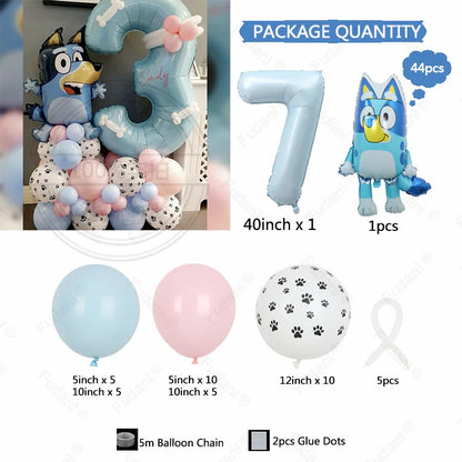 44PCS Cartoon Animation Bluey Aluminum Film Balloon Set with Cream Number Foil Balloon for Kids Birthday Party Decorations