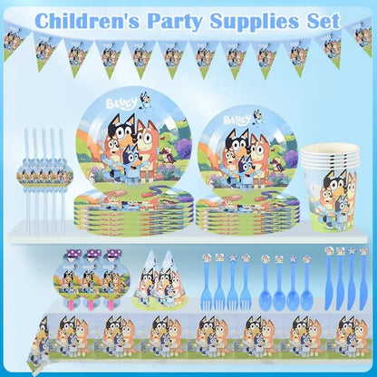 Bluey Dog Theme Birthday Party Supply Disposable Banner Paper Plate  Paper Cup Tissue Hanging Flag Set Birthday Decorations