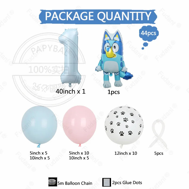 44PCS Cartoon Animation Bluey Aluminum Film Balloon Set with Cream Number Foil Balloon for Kids Birthday Party Decorations