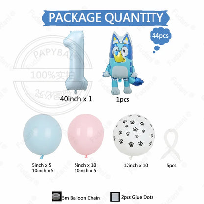 44PCS Cartoon Animation Bluey Aluminum Film Balloon Set with Cream Number Foil Balloon for Kids Birthday Party Decorations