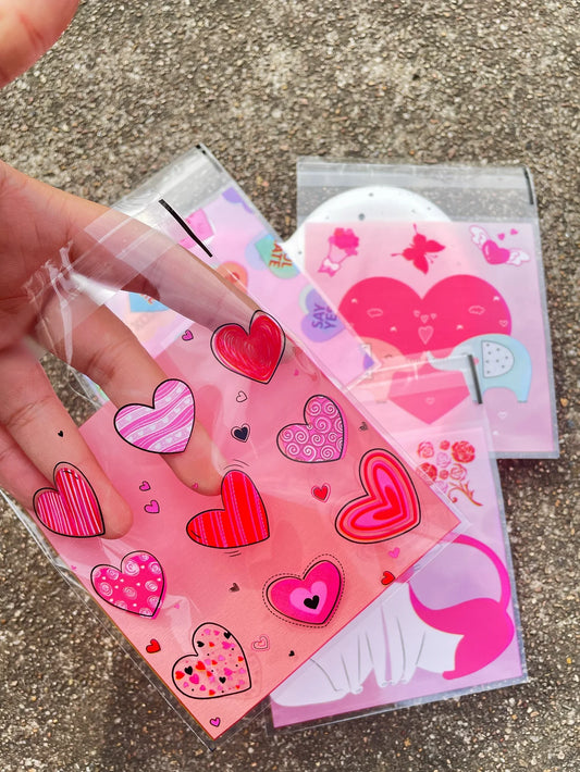 100pcs Valentine's Day Romantic Pink Heart Printed Opp Self-adhesive Bag, Cute Pink Elephant Kitten Bags For Party Gift Packing